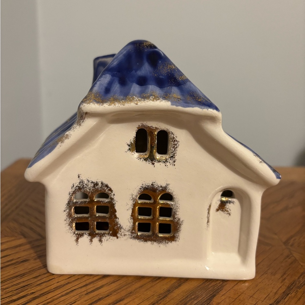 Charming and Simple German Ceramic Tea-light House with Blue and Gold Touches